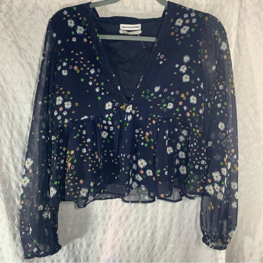 Urban Outfitters - Navy Floral Long Sleeve Deep V Neck